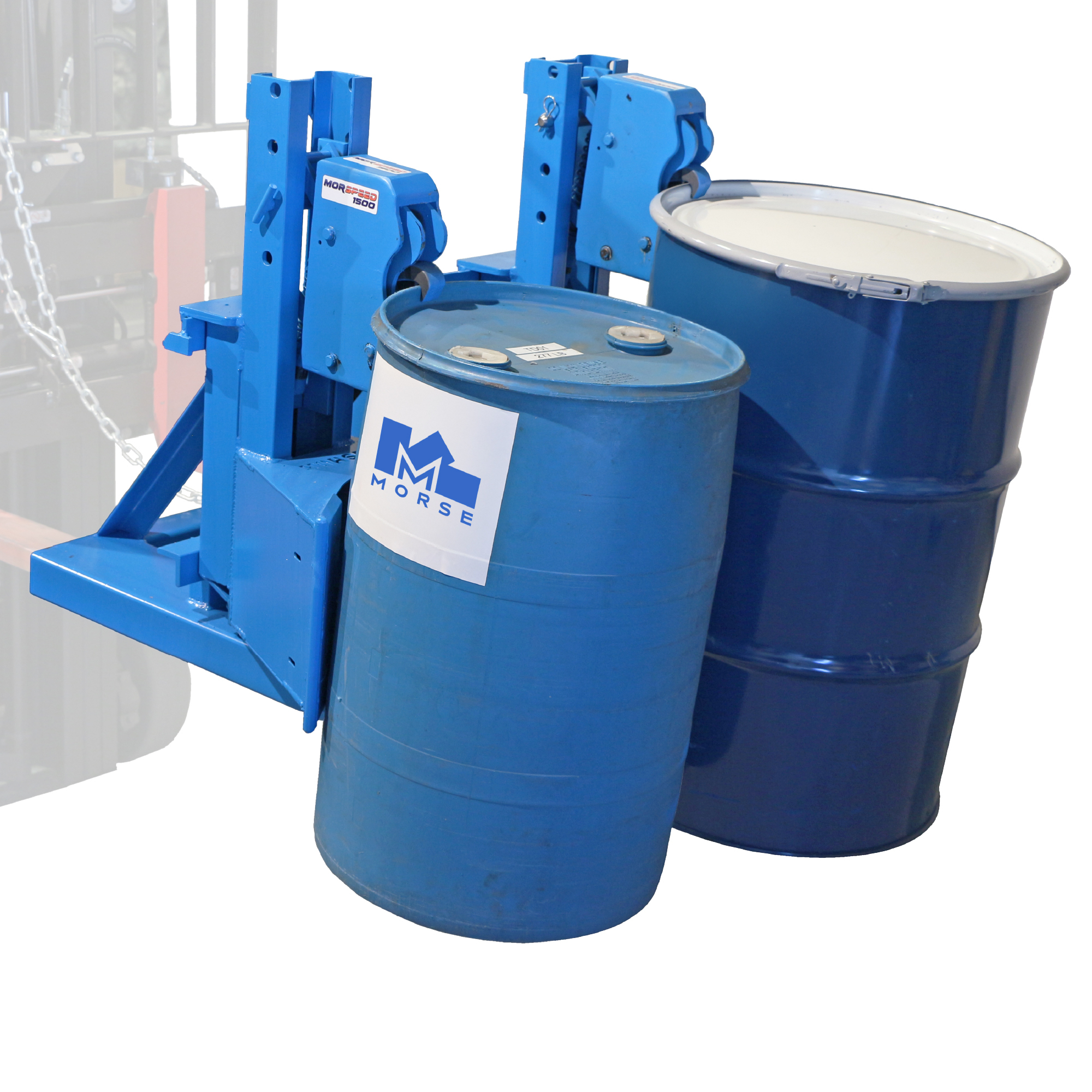 Morse Fork-mount double upright drum handler, 1500lb. Capacity, set of jaws grip drum rim, for 1 or 2 drums at a time